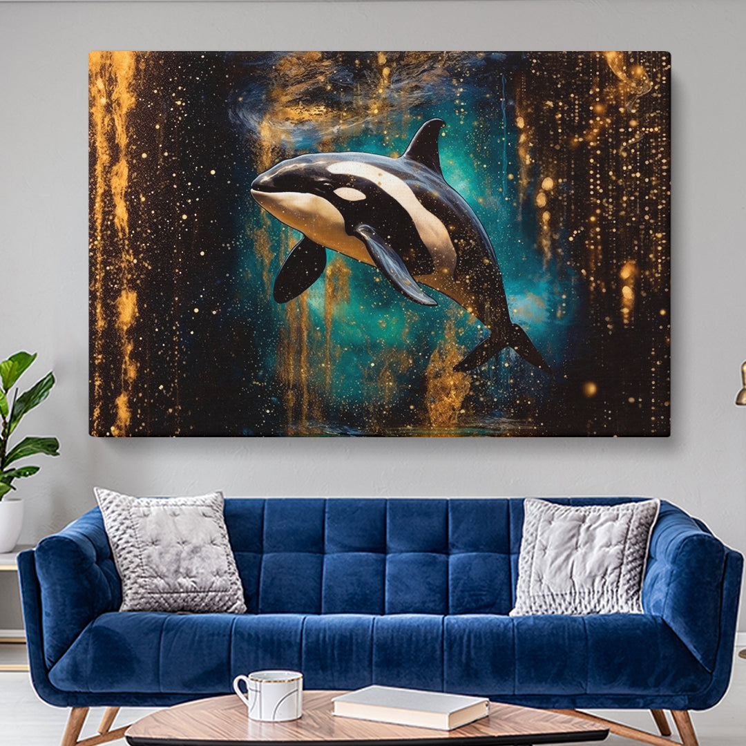 Vibrant Orca Swimming in Starlit Sea Canvas Print ArtLexy 1 Panel 24"x16" inches 