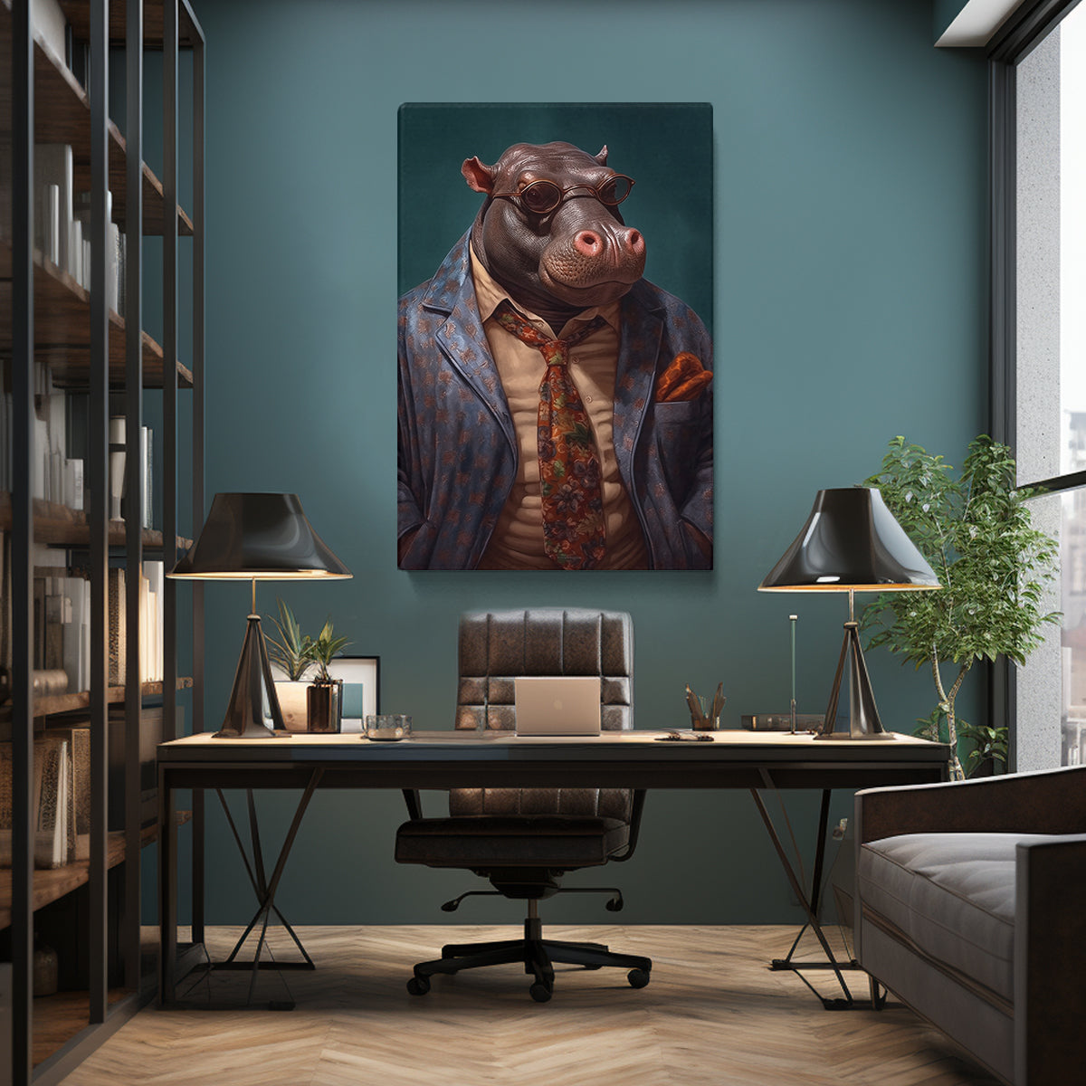 Sophisticated Hippo in Patterned Blazer Canvas Print ArtLexy   