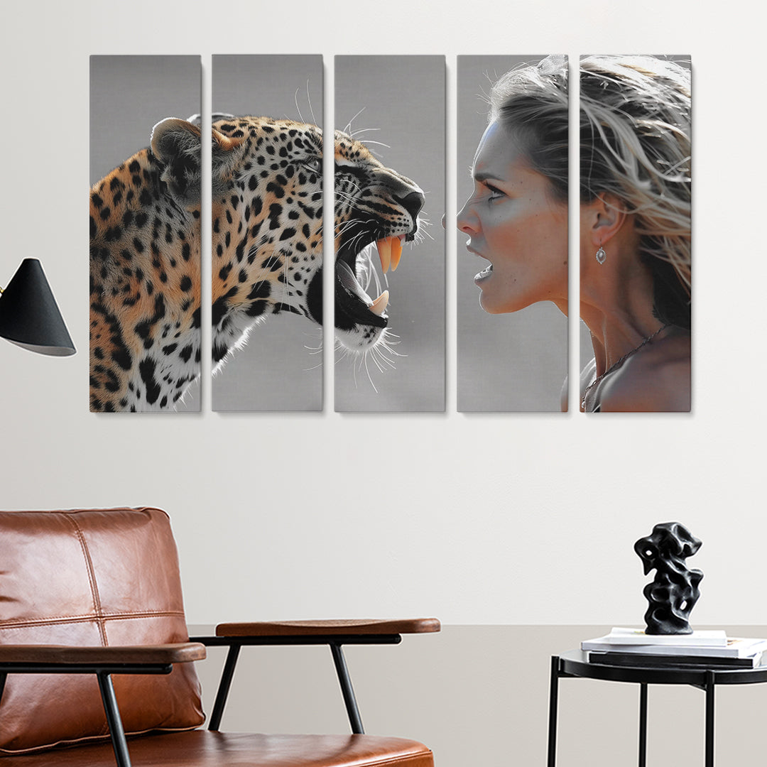 Intense Leopard Roar at Woman Canvas Print ArtLexy 5 Panels 36"x24" inches 