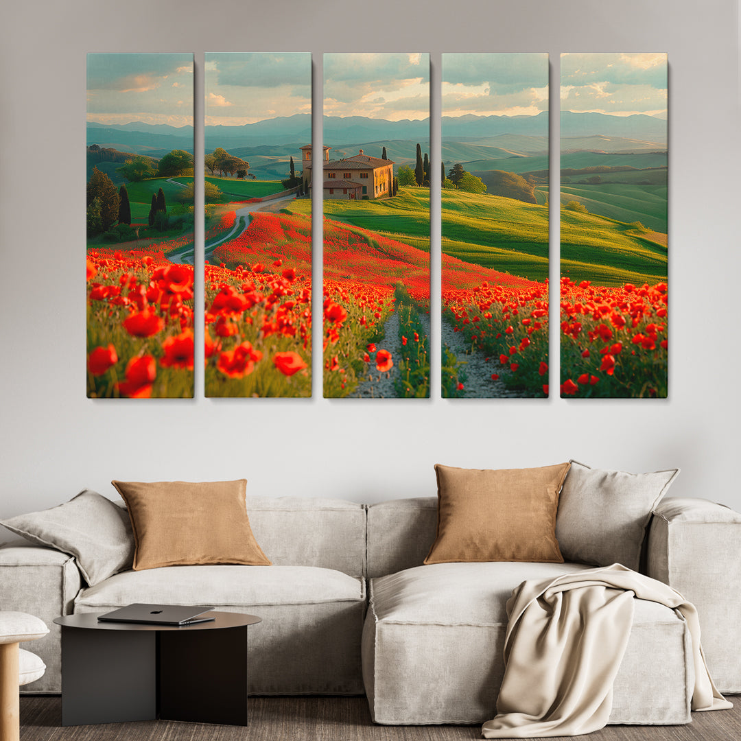 Tuscan Villa Amidst Blooming Poppy Fields Canvas Print ArtLexy 5 Panels 36"x24" inches 