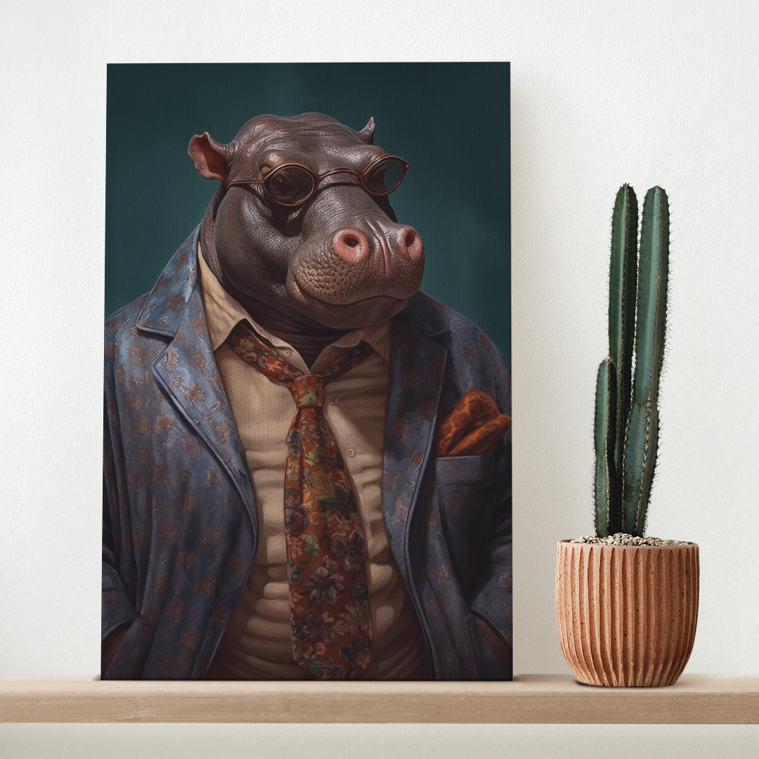 Sophisticated Hippo in Patterned Blazer Canvas Print ArtLexy   