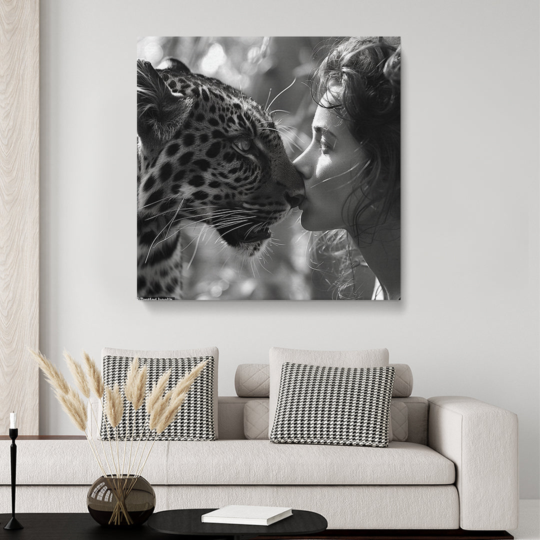 Lovely Woman Kissing Leopard Canvas Print ArtLexy   