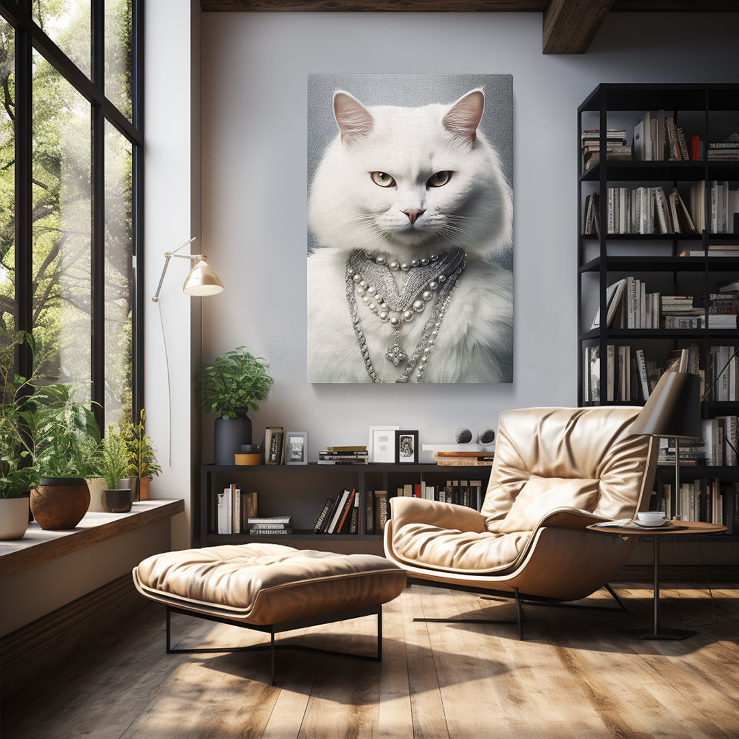 Regal White Cat with Pearls Canvas Print ArtLexy   