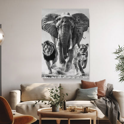 Majestic Elephant, Lion and Lioness Canvas Print ArtLexy   