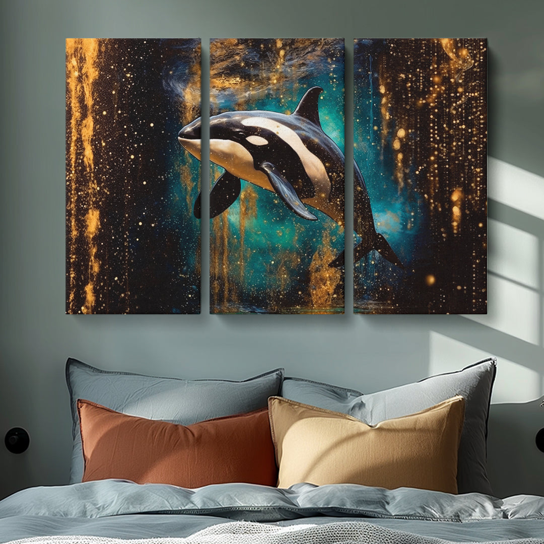 Vibrant Orca Swimming in Starlit Sea Canvas Print ArtLexy 3 Panels 36"x24" inches 