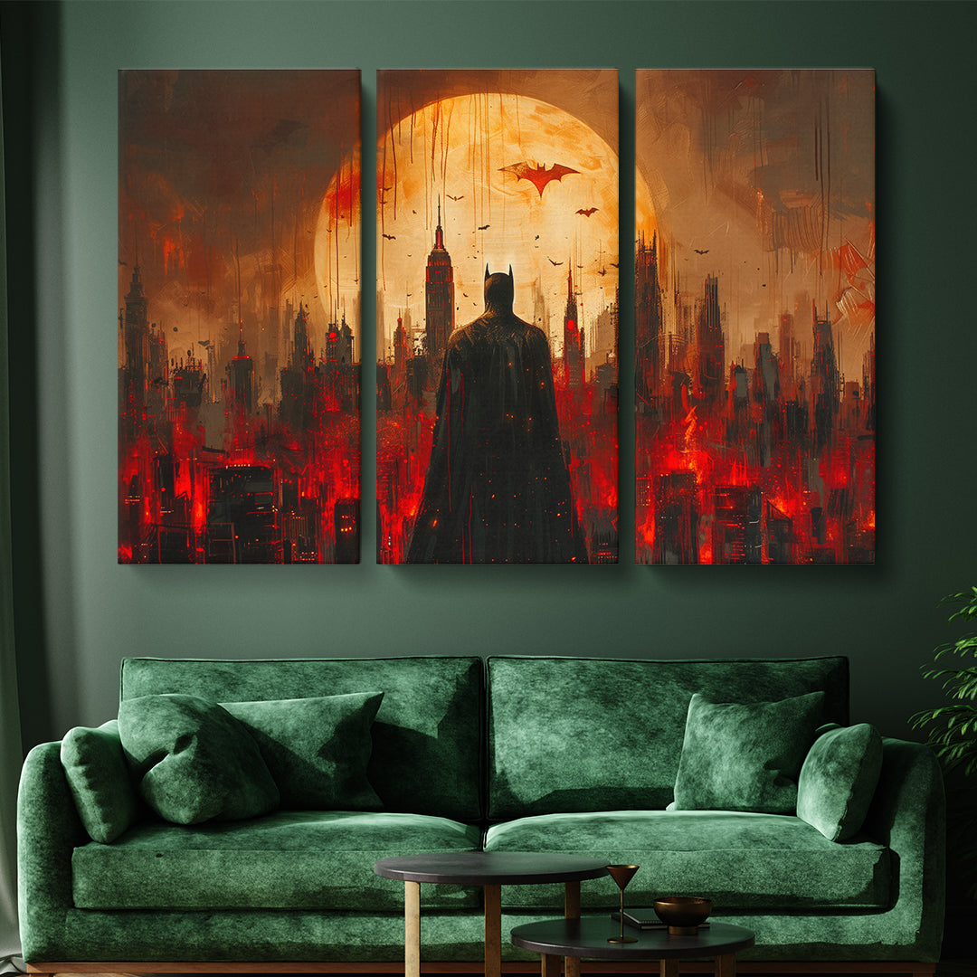 Man Bat in Night City Between Light and Shadow Canvas Print ArtLexy 3 Panels 36"x24" inches 