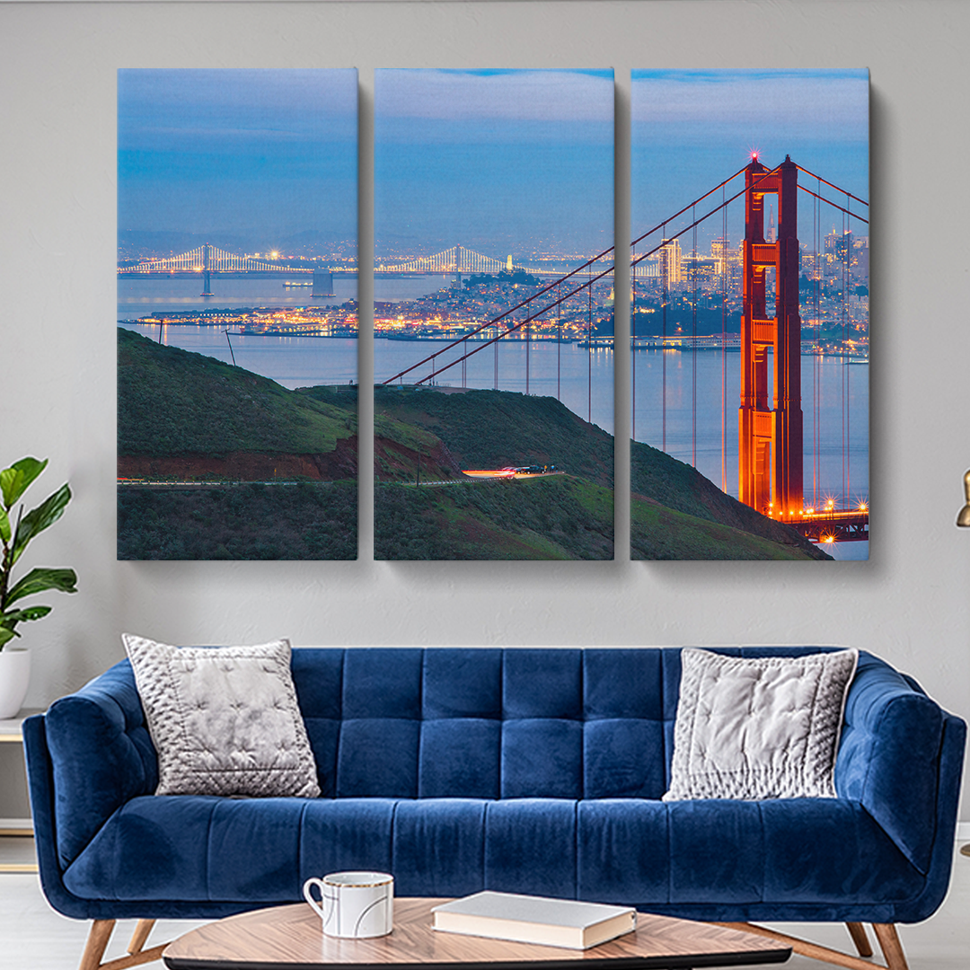 Golden Gate Bay Bridge, Clifornia Cityscape Canvas Print ArtLexy 3 Panels 36"x24" inches