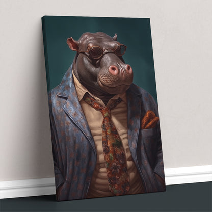 Sophisticated Hippo in Patterned Blazer Canvas Print ArtLexy   