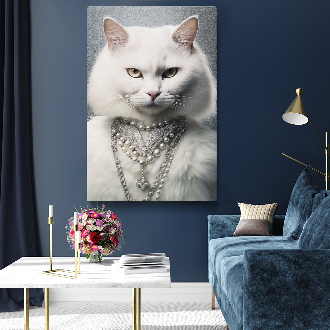 Regal White Cat with Pearls Canvas Print ArtLexy 1 Panel 16"x24" inches 