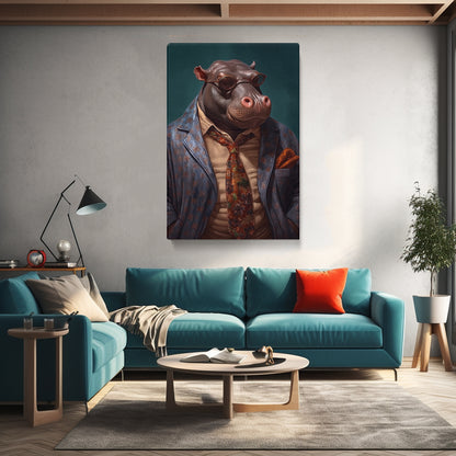 Sophisticated Hippo in Patterned Blazer Canvas Print ArtLexy   