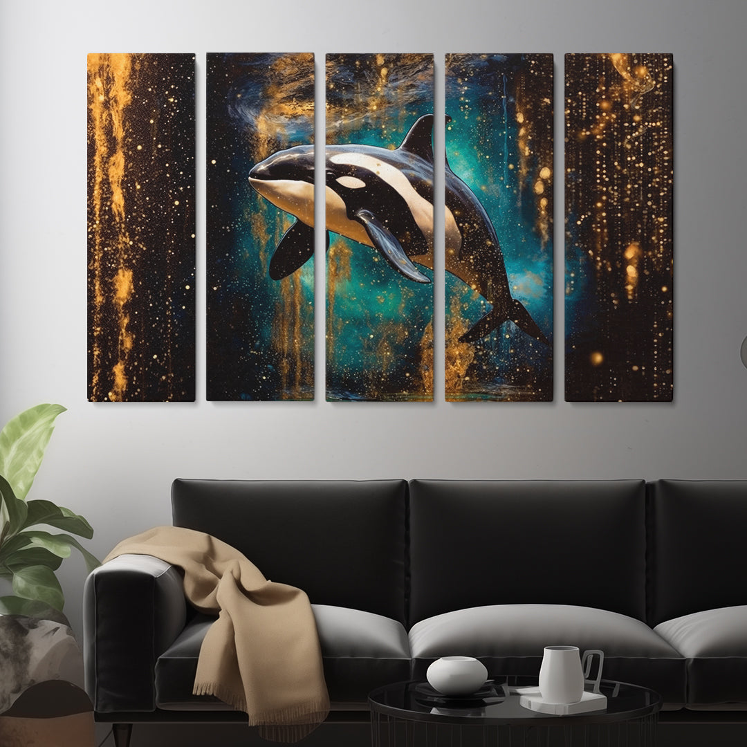 Vibrant Orca Swimming in Starlit Sea Canvas Print ArtLexy 5 Panels 36"x24" inches 