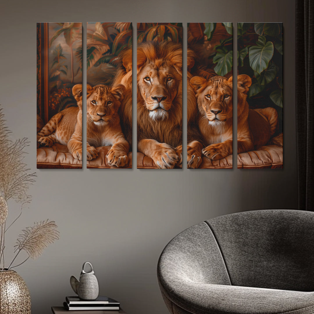 Noble Lion and Cubs Canvas Print ArtLexy 5 Panels 36"x24" inches 