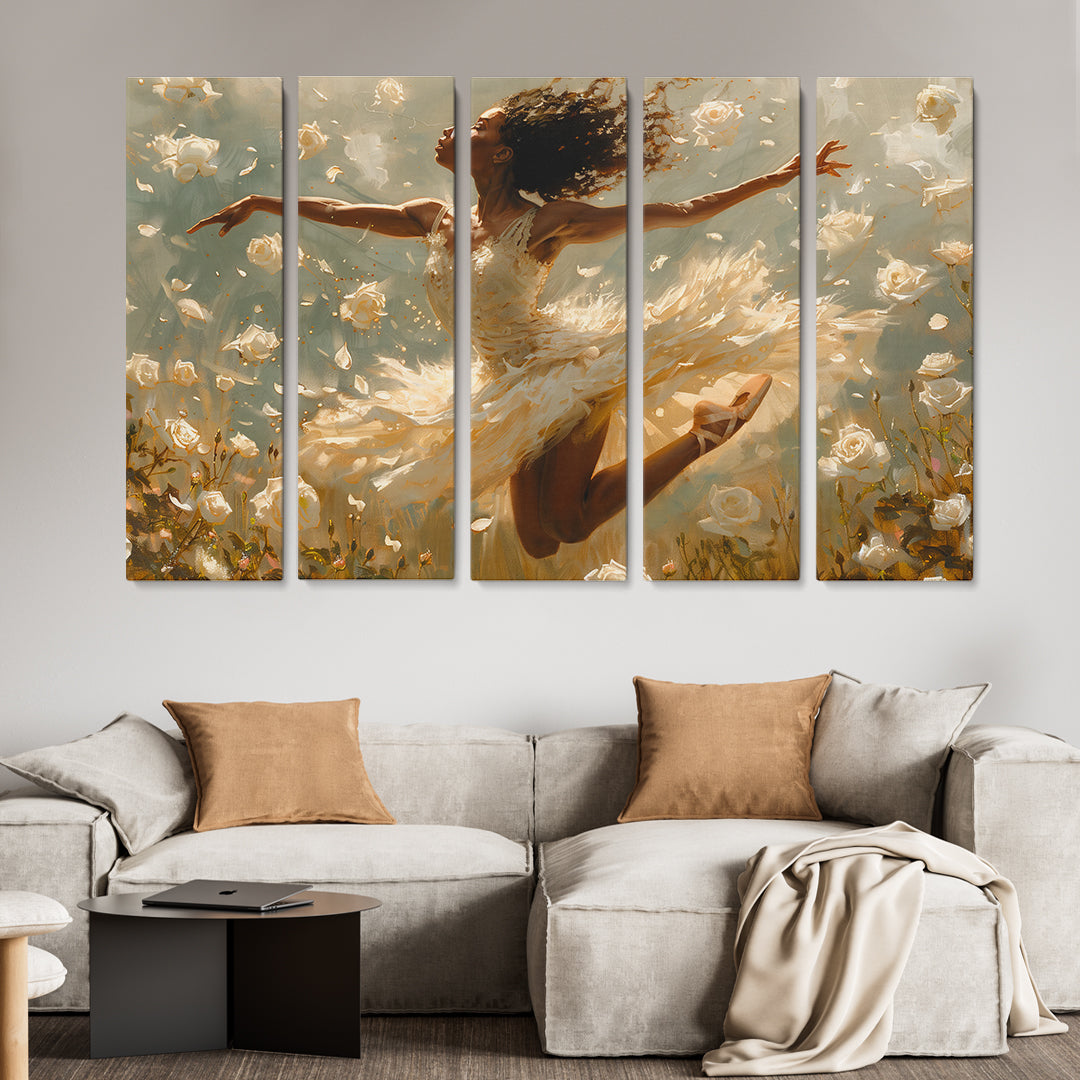 Beautiful Ballerina Dancing in White Dress Canvas Print ArtLexy 5 Panels 36"x24" inches 