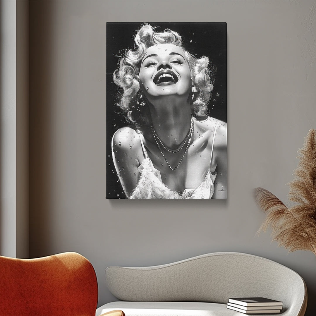 Black and White Portrait of a Charming Laughing Woman Canvas Print ArtLexy   