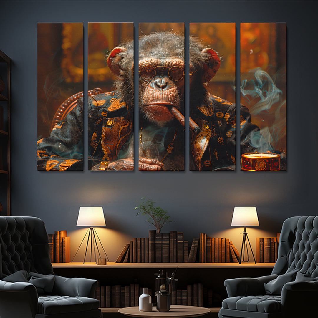 Contemplative Chimpanzee in Luxurious Attire Canvas Print ArtLexy 5 Panels 36"x24" inches 
