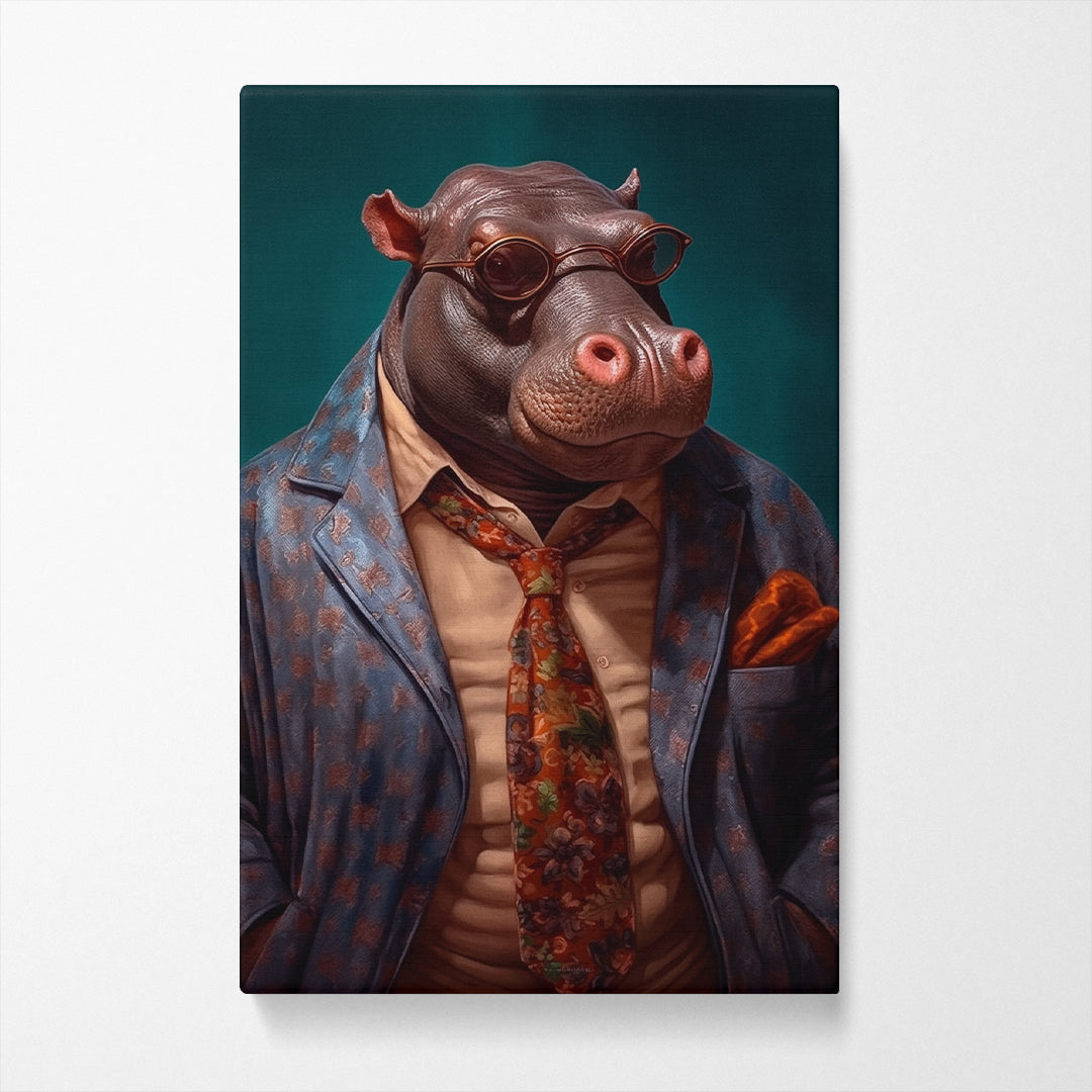 Sophisticated Hippo in Patterned Blazer Canvas Print ArtLexy   