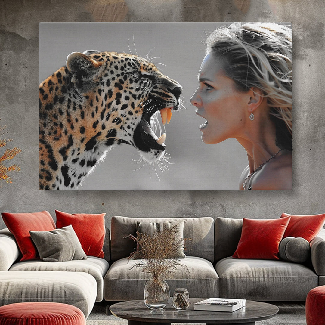 Intense Leopard Roar at Woman Canvas Print ArtLexy 1 Panel 24"x16" inches 