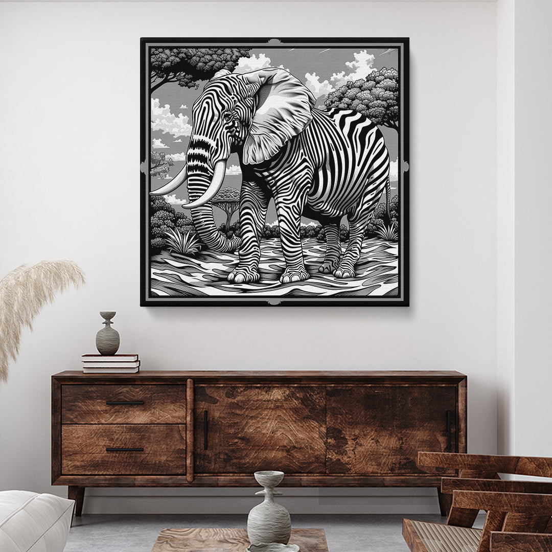 Striped Elephant in Monochrome Canvas Print ArtLexy 1 Panel 12"x12" inches 