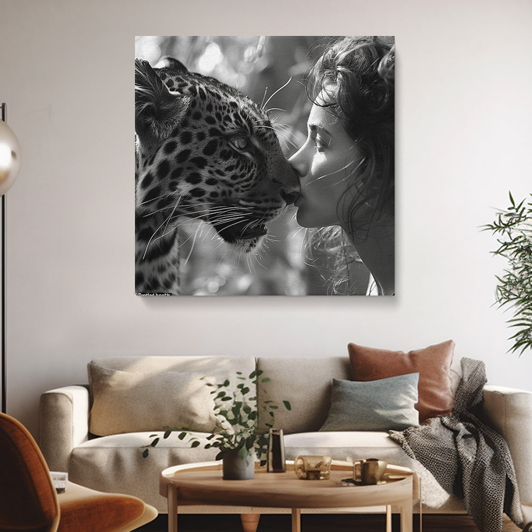 Lovely Woman Kissing Leopard Canvas Print ArtLexy   