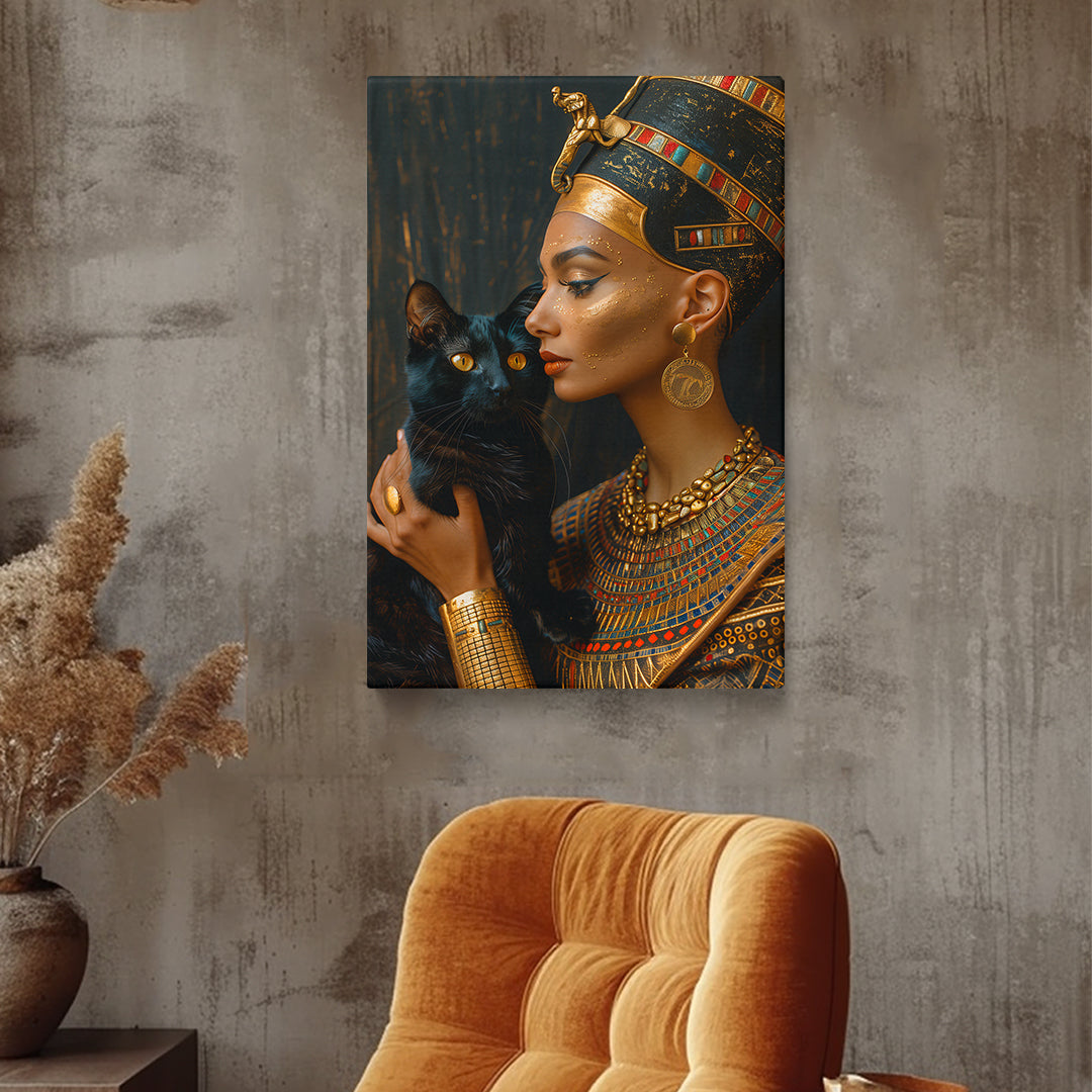 Regal Egyptian Queen with Black Cat Canvas Print ArtLexy   