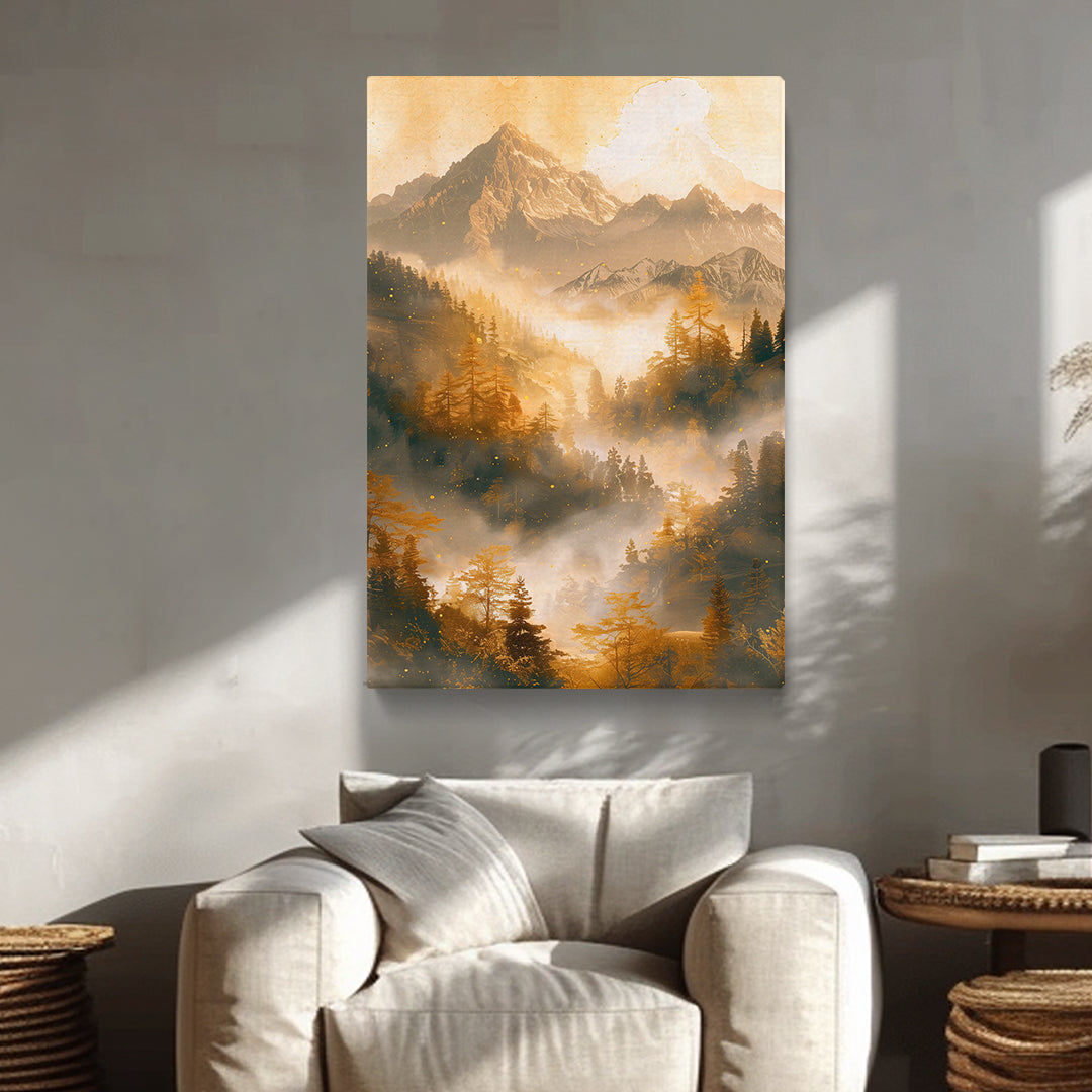 Golden Misty Mountain and Forest Canvas Print ArtLexy   