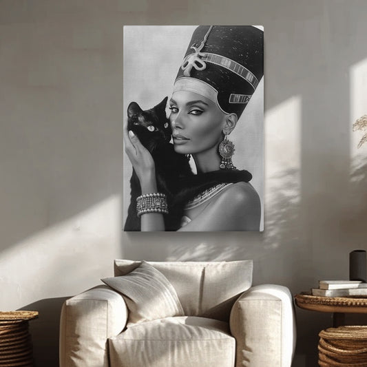 Monochrome Egyptian Queen and Black Cat Canvas Print ArtLexy 1 Panel 16"x24" inches 