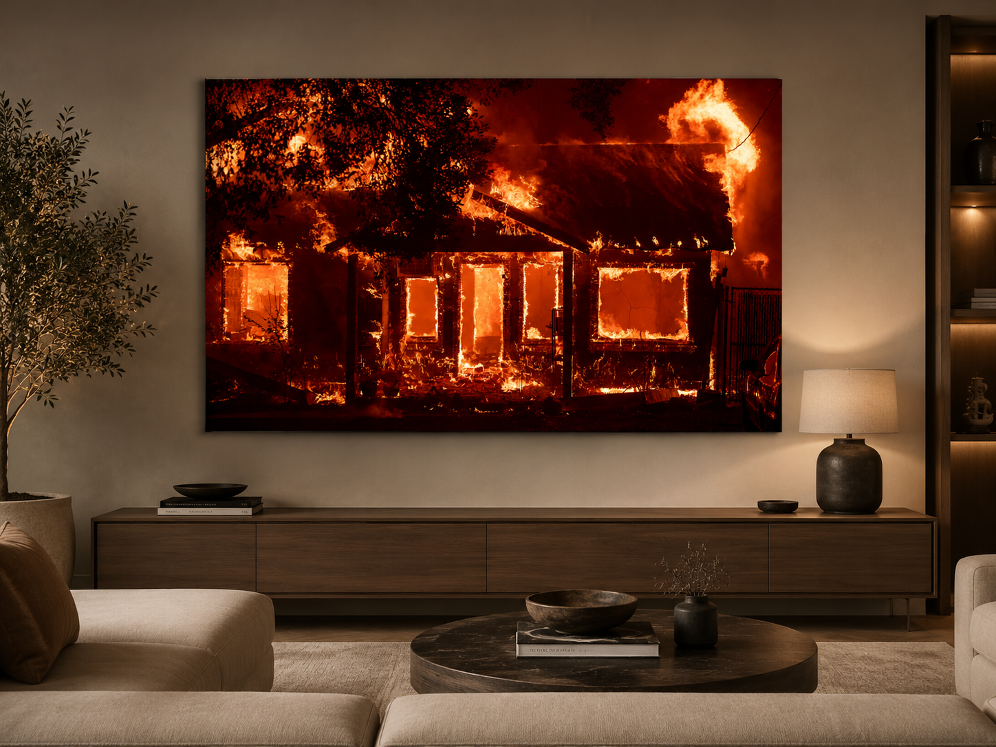 Camp Paradise Fire wall art showing a house engulfed in flames as a dramatic single-panel canvas print