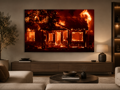 Camp Paradise Fire wall art showing a house engulfed in flames as a dramatic single-panel canvas print
