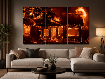 Camp Paradise Fire wall art featuring a burning house displayed as a dramatic three-panel canvas print