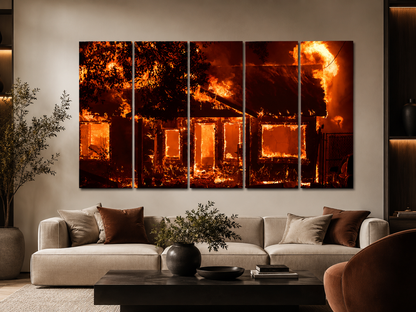 Camp Paradise Fire wall art showing an intense burning house photograph arranged as a five-panel canvas print