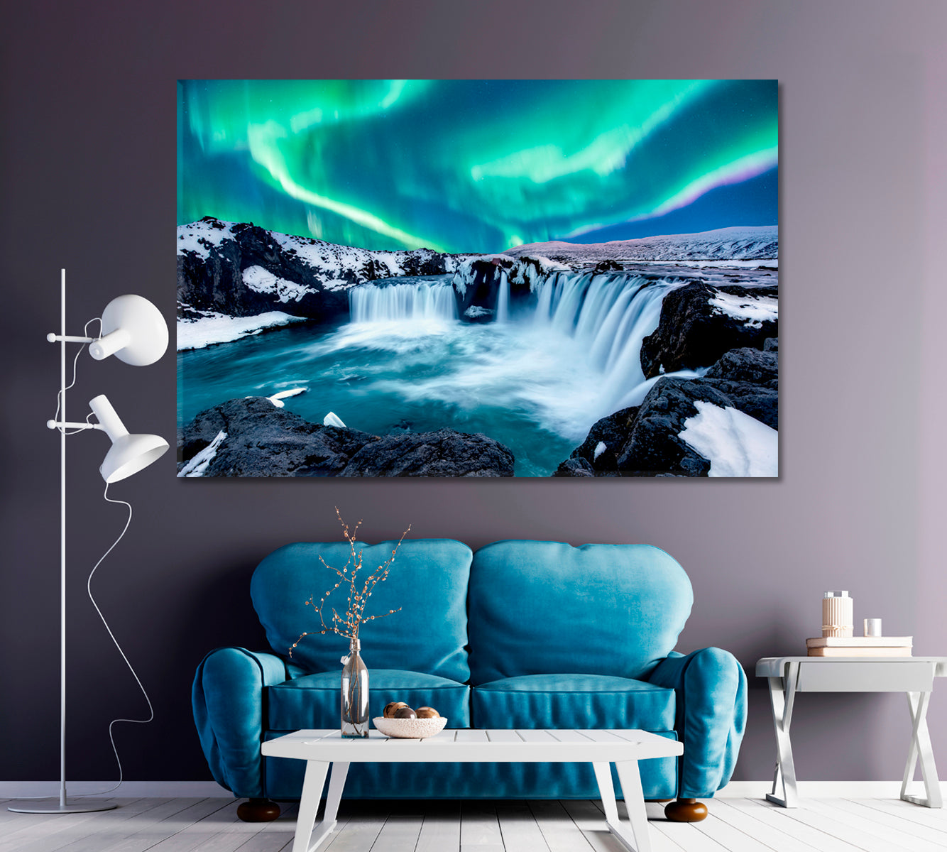 Aurora Borealis over Godafoss Waterfall in Iceland Canvas Print ArtLexy 1 Panel 24"x16" inches 