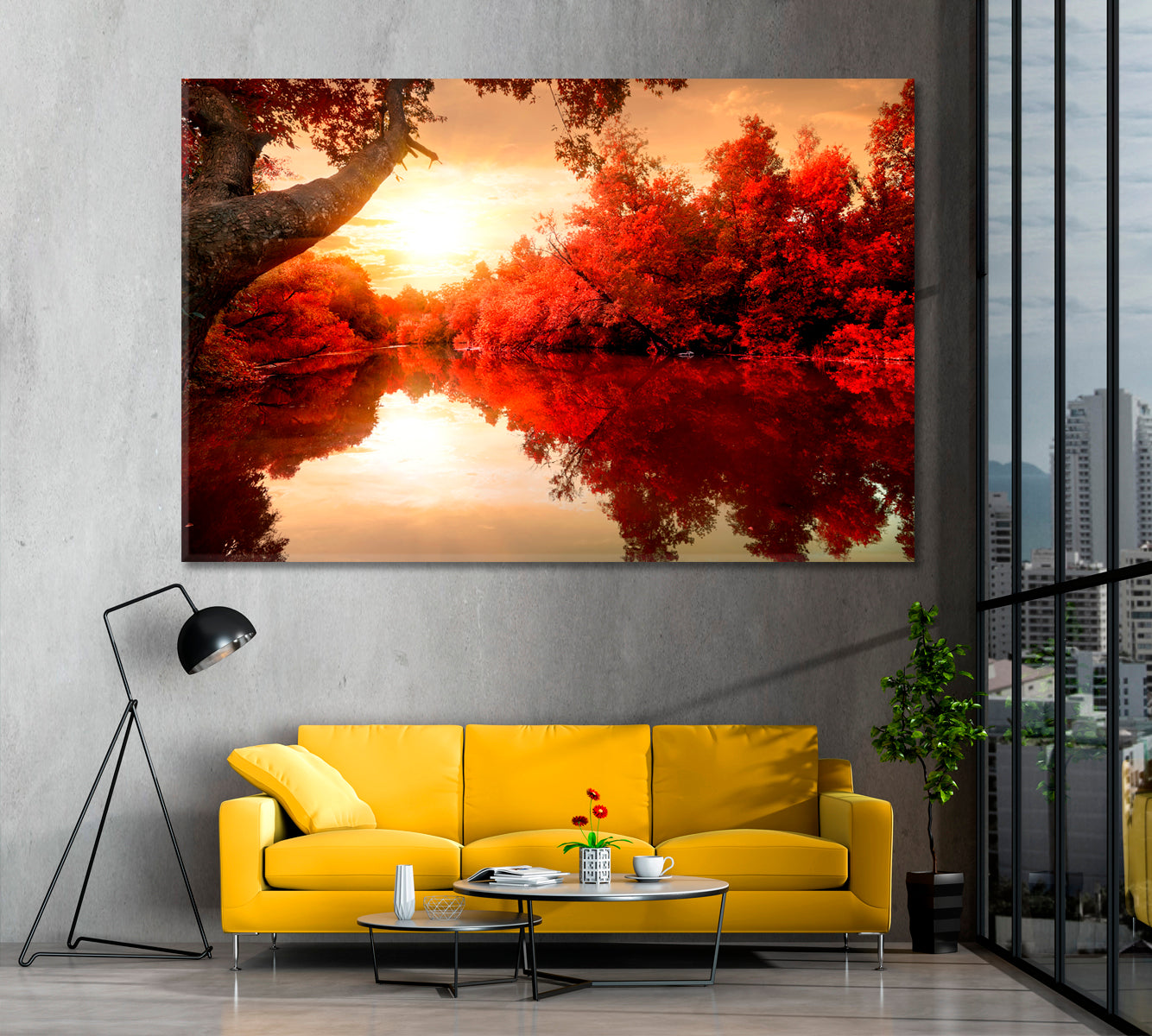 Red Autumn Trees along River Canvas Print ArtLexy   