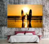Surfers Couple Silhouette at Sunset Canvas Print ArtLexy   