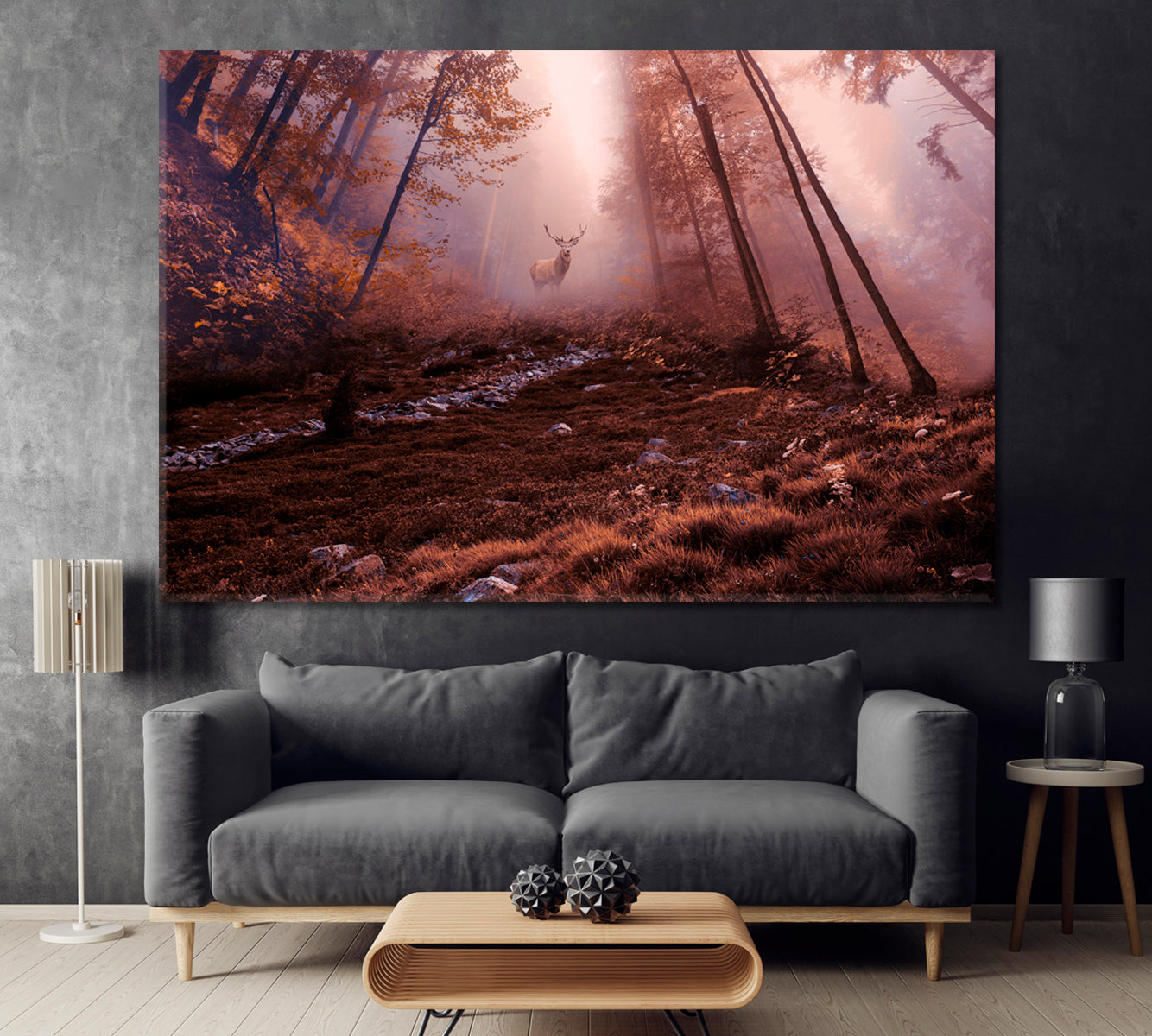 Red Deer in Foggy Autumn Forest Canvas Print ArtLexy 1 Panel 24"x16" inches 