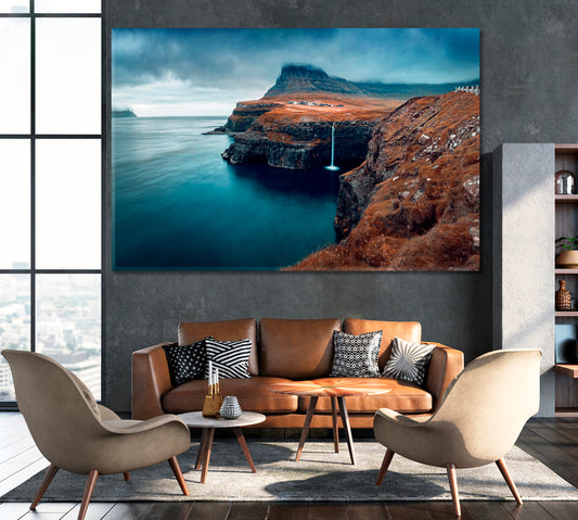 Gasadalur Village with Mulafossur Waterfall in Autumn Faroe Islands Canvas Print ArtLexy 1 Panel 24"x16" inches 