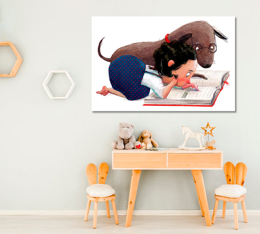 Little Girl with her Dog Reading Book Canvas Print ArtLexy 1 Panel 24"x16" inches 