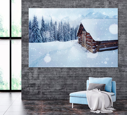 Wooden Hut in Snowy Mountains Carpathian Canvas Print ArtLexy 1 Panel 24"x16" inches 