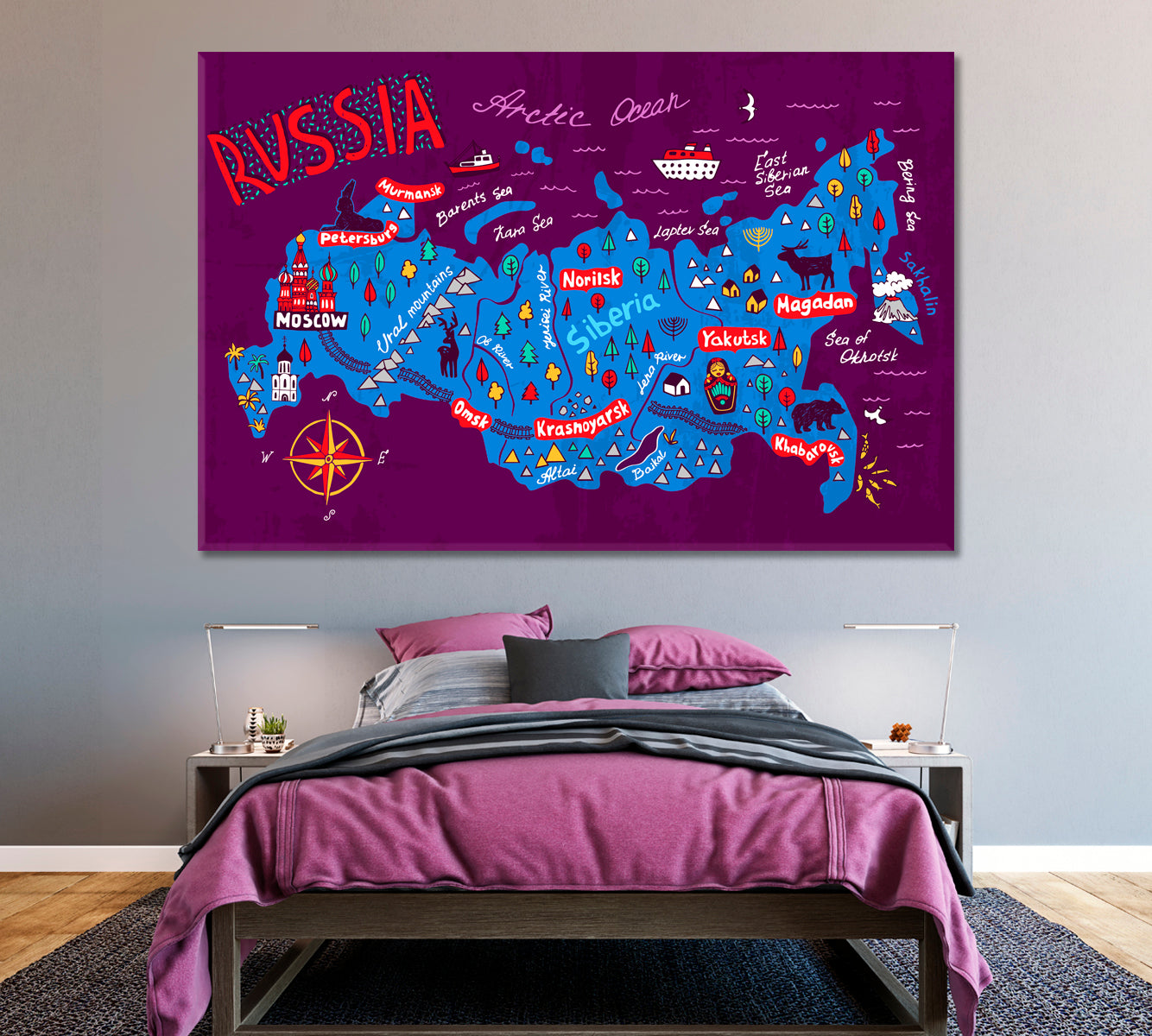 Illustrated Map of Russia Canvas Print ArtLexy 1 Panel 24"x16" inches 