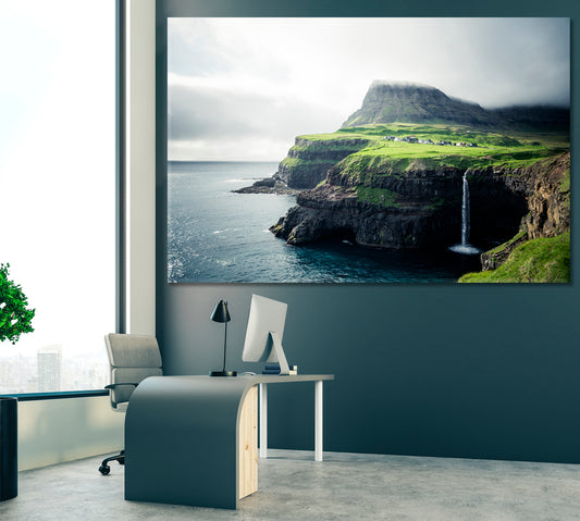 Mulafossur Waterfall Faroe Islands Denmark Canvas Print ArtLexy 1 Panel 24"x16" inches 