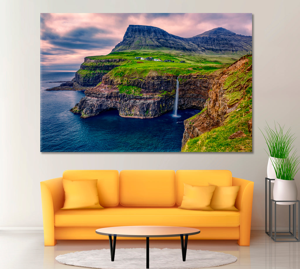 Gasadalur Village with Mulafossur Waterfall Faroe Islands Denmark Canvas Print ArtLexy 1 Panel 24"x16" inches 