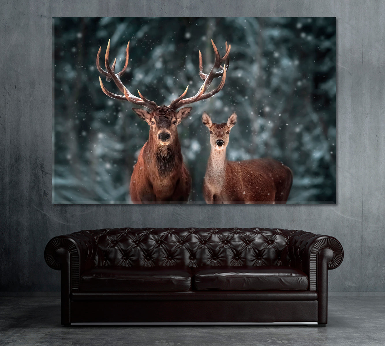 Red Deer in Winter Forest Canvas Print ArtLexy 1 Panel 24"x16" inches 