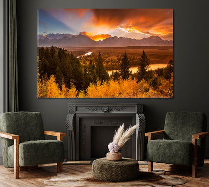 Teton Range and Snake River Wyoming Canvas Print ArtLexy 1 Panel 24"x16" inches 
