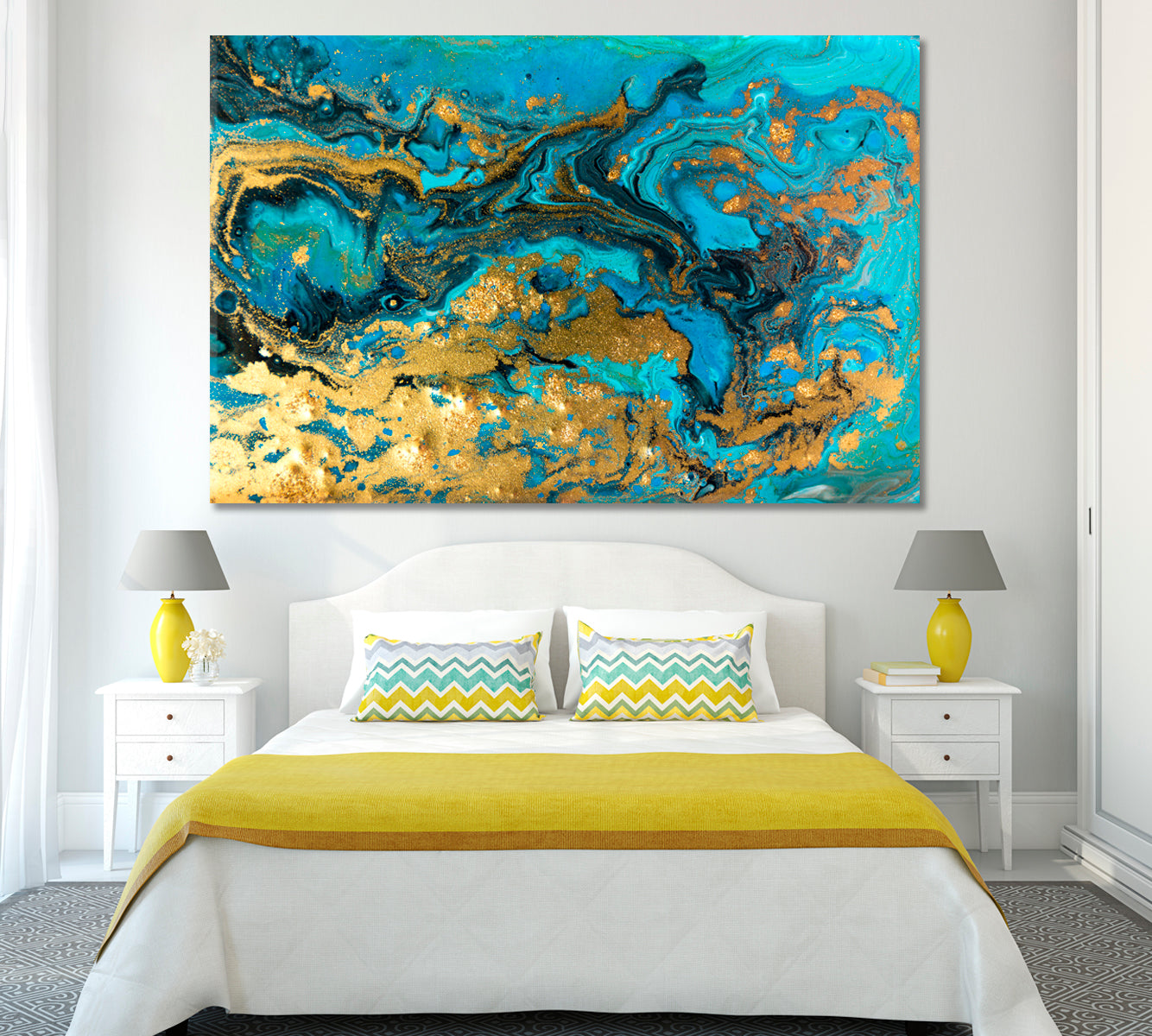 Blue and Gold Marbling Pattern Canvas Print ArtLexy 1 Panel 24"x16" inches 