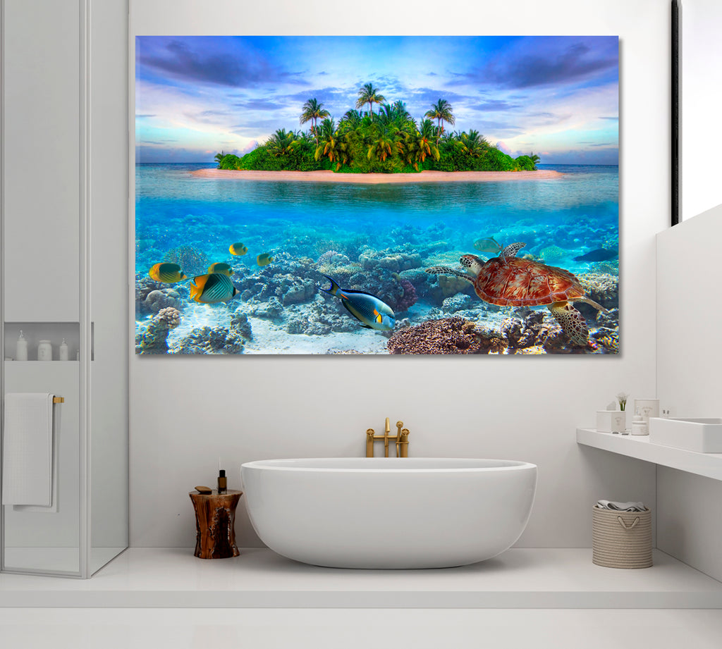 Thoddoo Island and Underwater Life Maldives Canvas Print ArtLexy 1 Panel 24"x16" inches 