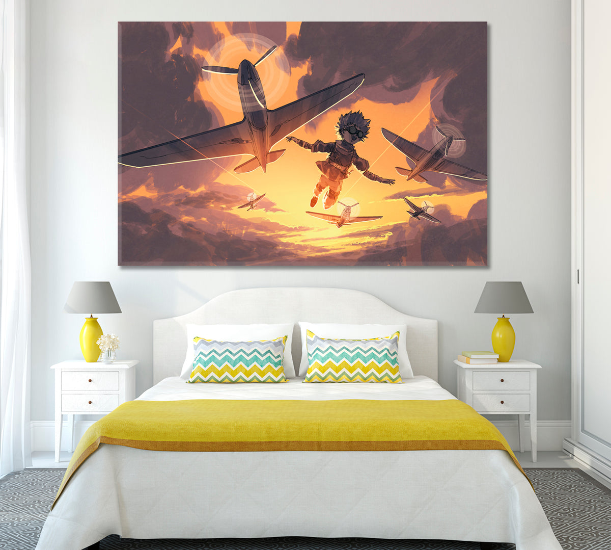 Boy Flying in Sky with Planes Canvas Print ArtLexy 1 Panel 24"x16" inches 