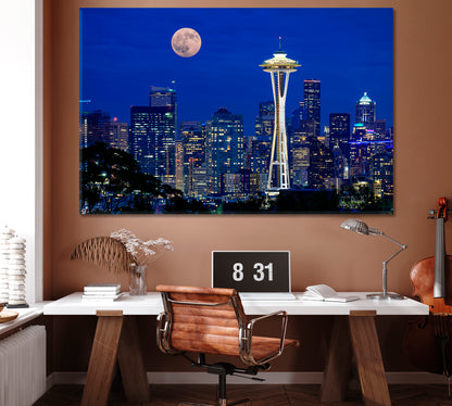 Full Moon over Seattle Canvas Print ArtLexy 1 Panel 24"x16" inches 