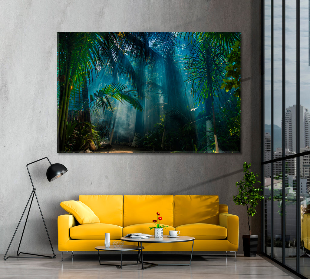 Palm Trees in Jungle with Sun Rays Canvas Print ArtLexy 1 Panel 24"x16" inches 
