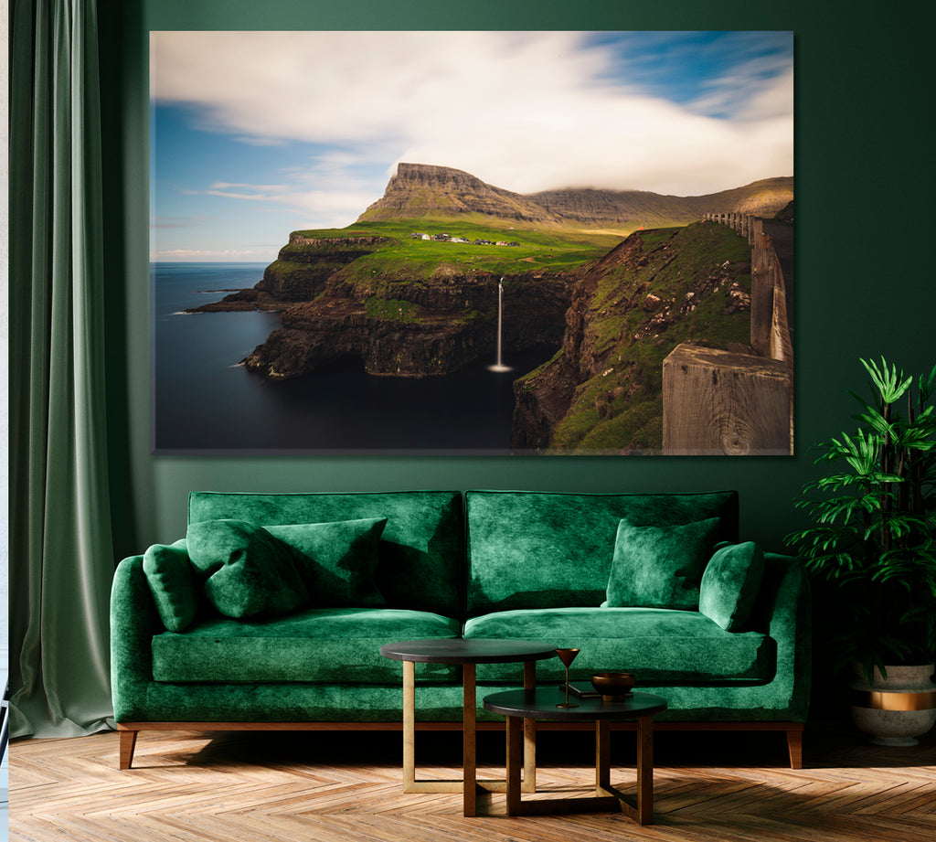 Mulafossur Waterfall in Village Gasadalur Faroe Islands Canvas Print ArtLexy 1 Panel 24"x16" inches 
