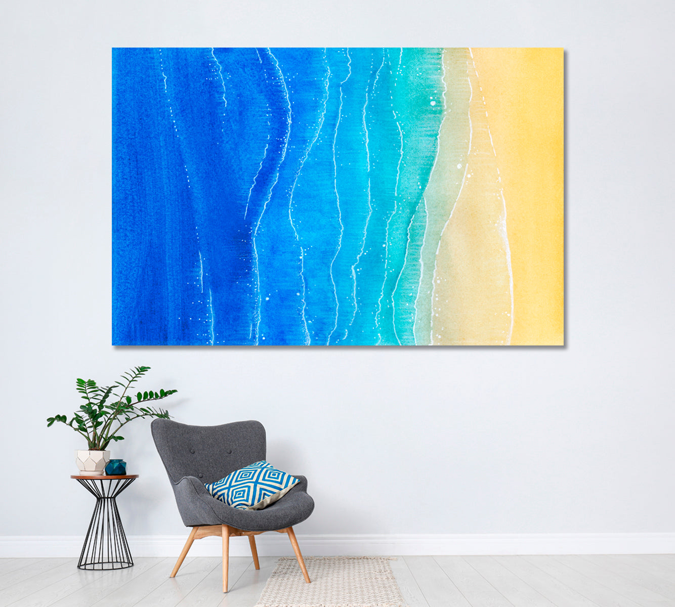 Abstract Blue Sea and Sand Beach Canvas Print ArtLexy 1 Panel 24"x16" inches 