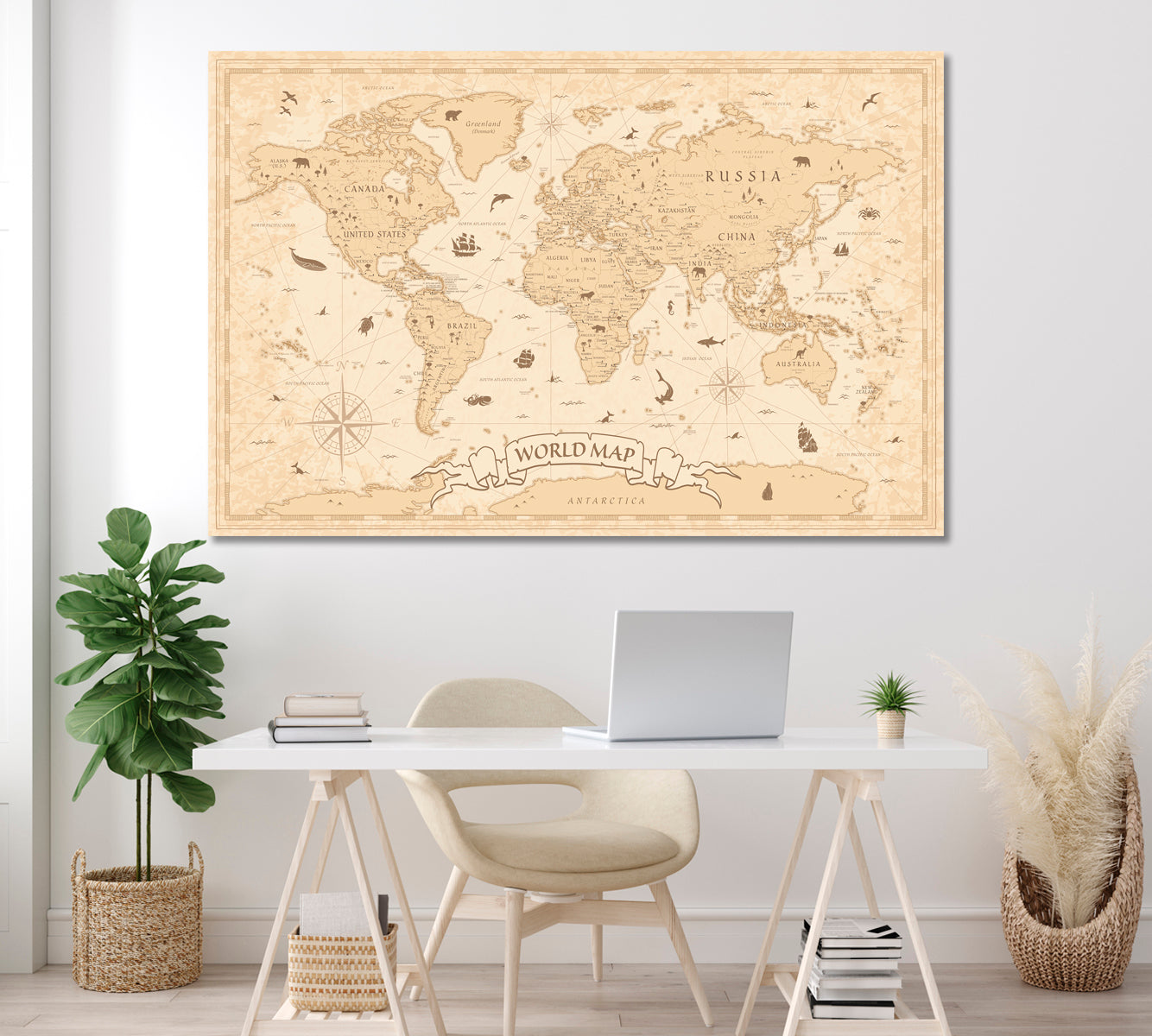 Vintage World Map Canvas Print ArtLexy 1 Panel 24"x16" inches 
